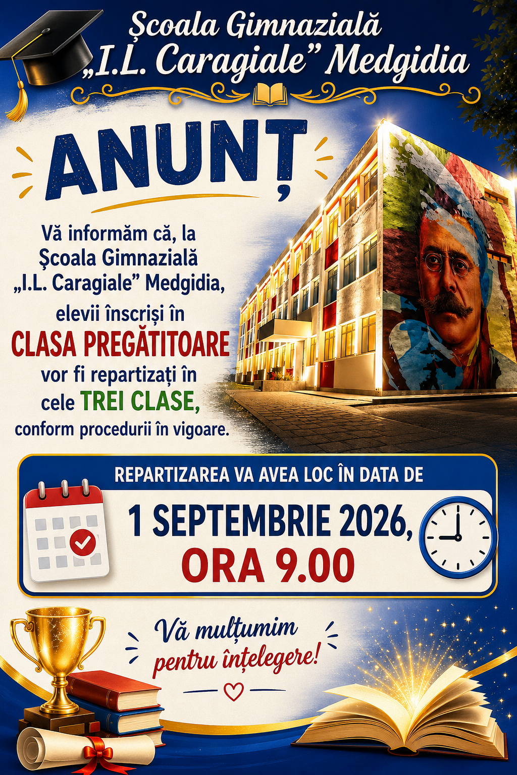 Vă informăm că, la Școala Gimnazială „I.L. Caragiale” Medgidia, elevii înscriși în CLASA PREGATITOARE vor fi repartizați în cele TREI CLASE, conform procedurii în vigoare.